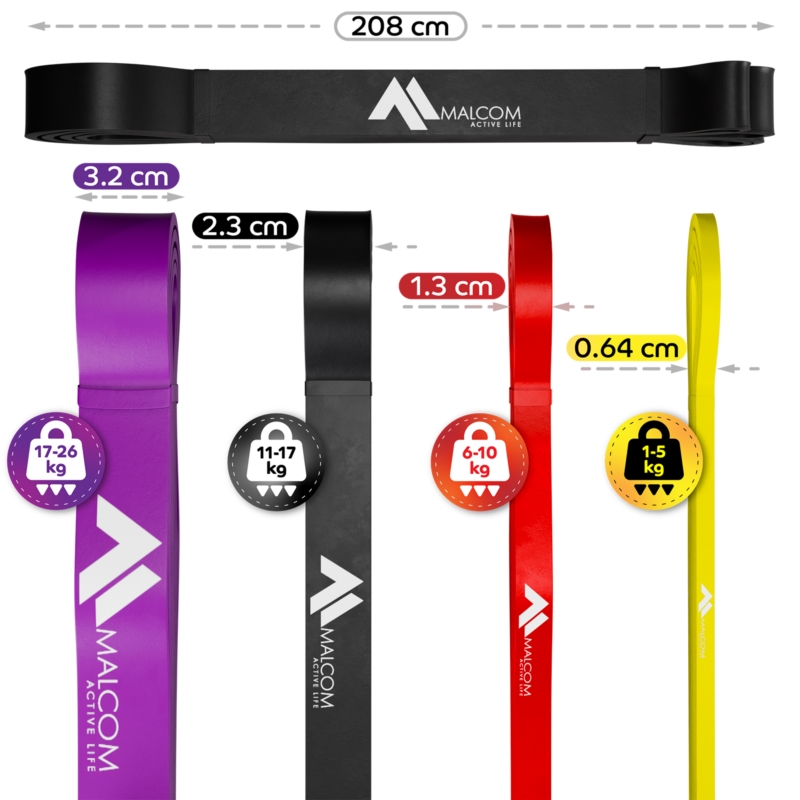 Zestaw 4 gum oporowych do ćwiczeń gumy oporowe Powerband 1-26kg + Worek