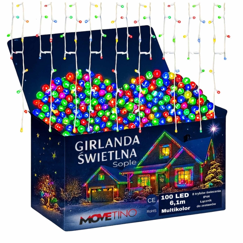 Sople lampki zewnętrzne 100LED 5m IP44 Multikolor