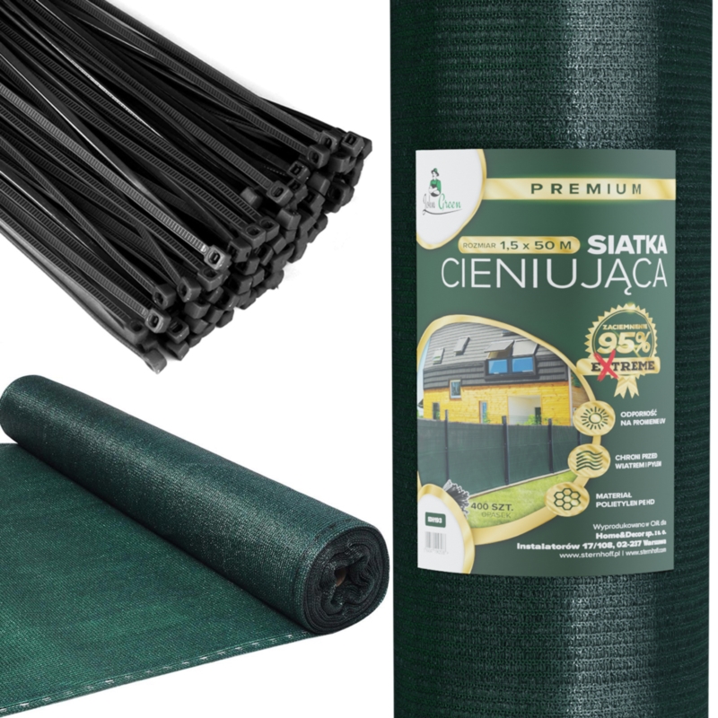 Siatka cieniująca na ogrodzenie masująca 95% 1,5x50m Ciemny Zielony + Opaski