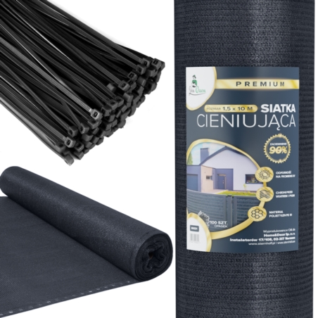 Siatka cieniująca na ogrodzenie masująca 90% 1,5x10m Grafitowy + Opaski