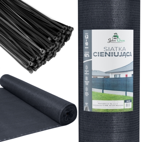 Siatka cieniująca na ogrodzenie masująca 62% 1,2x10m Grafitowy + Opaski