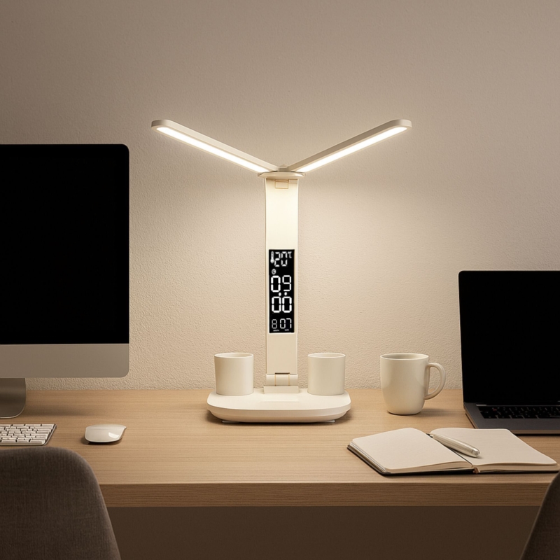 Lampka biurkowa podwójna LED z wyświetlaczem i regulacją światła
