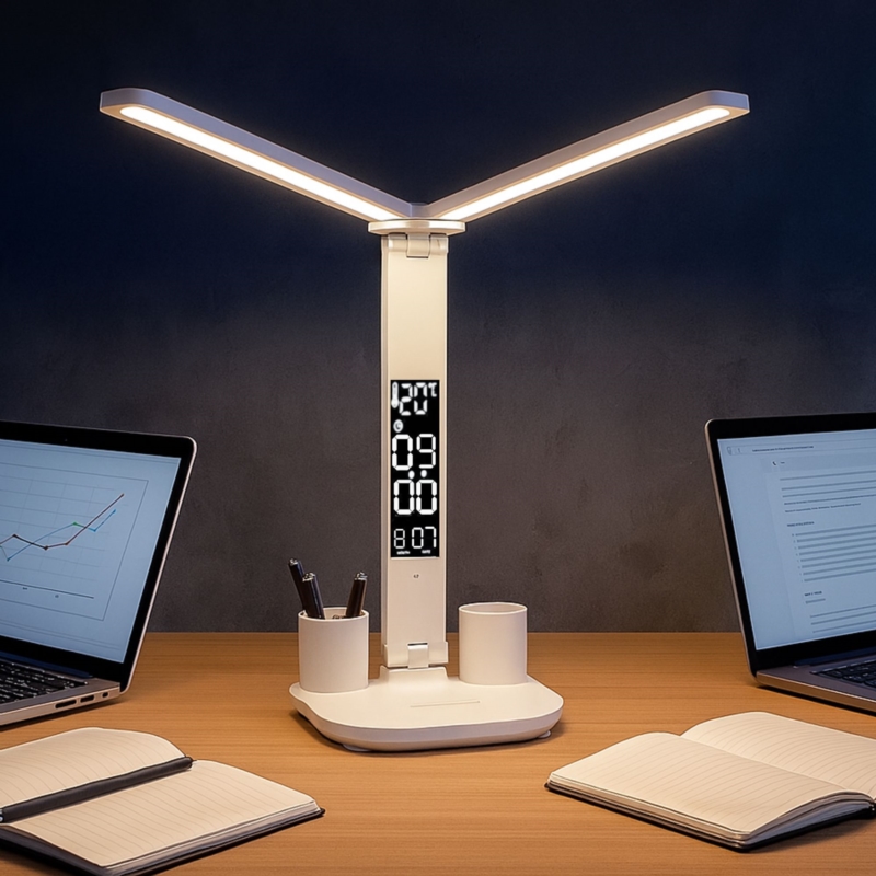 Lampka biurkowa podwójna LED z wyświetlaczem i regulacją światła
