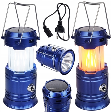 Lampa solarna latarka na biwak Płomień 3w1 Niebieska