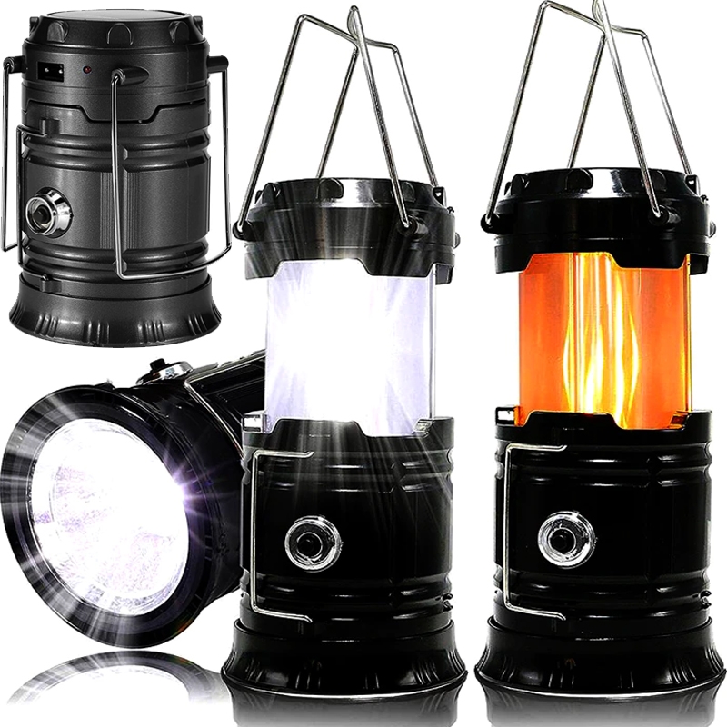 Lampa solarna latarka na biwak Płomień 3w1 Czarna