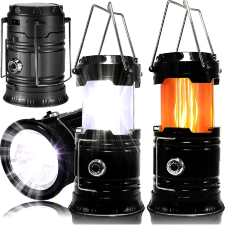 Lampa solarna latarka na biwak Płomień 3w1 Czarna
