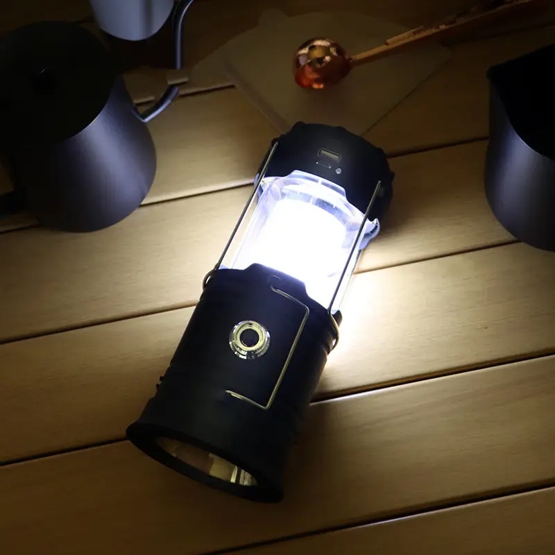 Lampa solarna latarka na biwak Płomień 3w1 Czarna