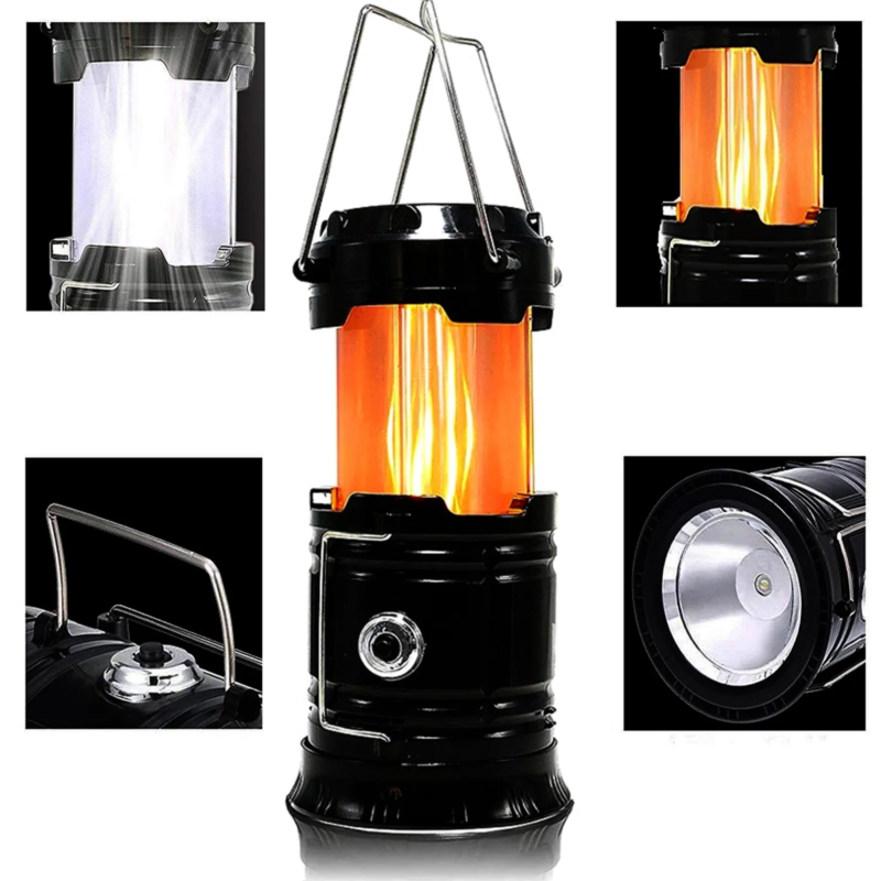 Lampa solarna latarka na biwak Płomień 3w1 Czarna