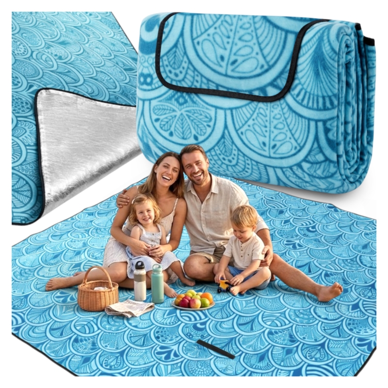 Koc piknikowy z izolowanym spodem Niebieski z motywem Boho 200x200cm