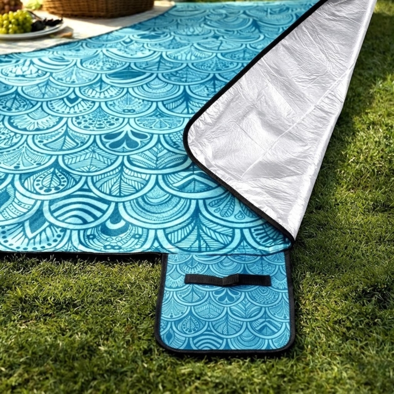 Koc piknikowy z izolowanym spodem Niebieski z motywem Boho 200x200cm