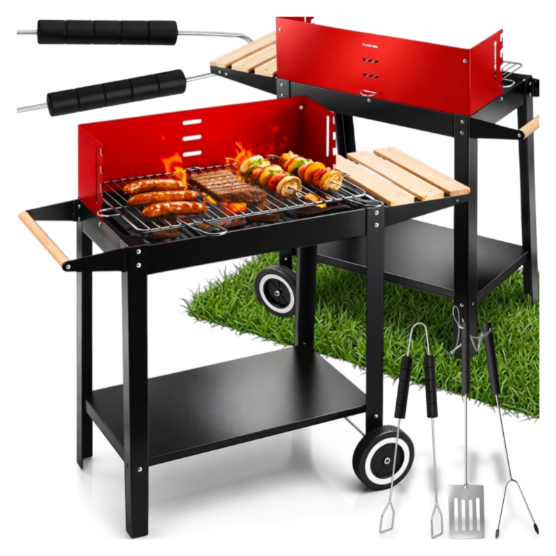 Grill węglowy ogrodowy z kółkami Czerwony + Akcesoria