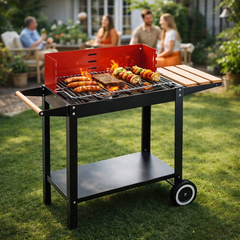 Grill węglowy ogrodowy z kółkami Czerwony + Akcesoria