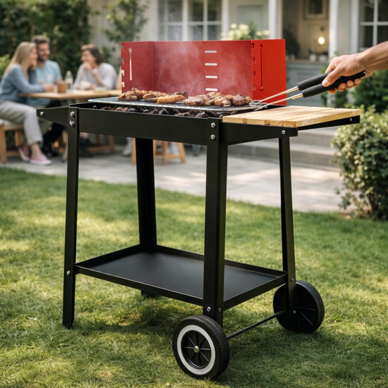 Grill węglowy ogrodowy z kółkami Czerwony + Akcesoria