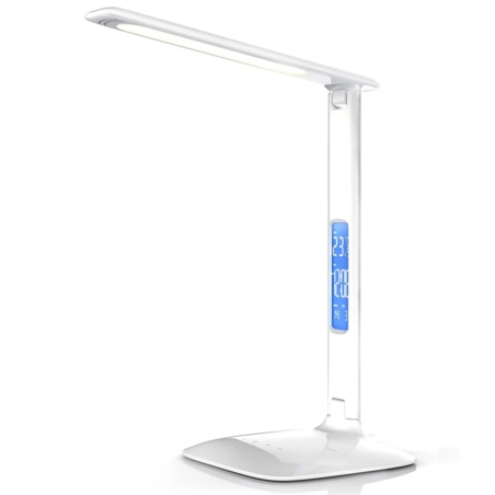 Lampka na biurko LED z regulacją światła, wyświetlaczem i ładowarką USB oraz bezprzewodową Qi Biała