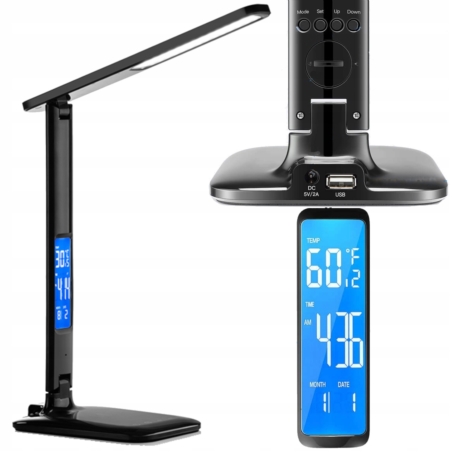 Lampka na biurko LED z regulacją światła, wyświetlaczem i ładowarką USB oraz bezprzewodową Qi Czarna