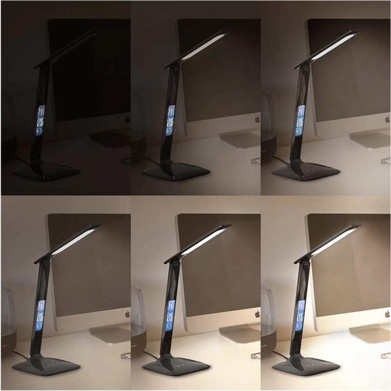 Lampka na biurko LED z regulacją światła, wyświetlaczem i ładowarką USB oraz bezprzewodową Qi Czarna