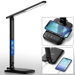 Lampka na biurko LED z regulacją światła, wyświetlaczem i ładowarką USB oraz bezprzewodową Qi Czarna