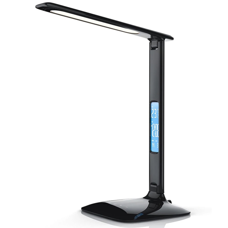 Lampka na biurko LED z regulacją światła, wyświetlaczem i ładowarką USB oraz bezprzewodową Qi Czarna