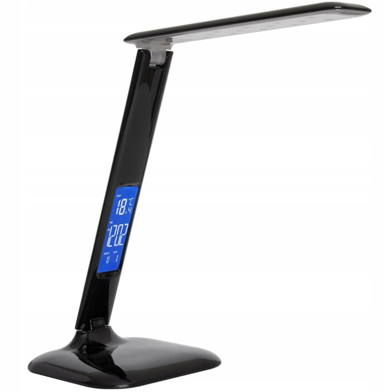 Lampka na biurko LED z regulacją światła, wyświetlaczem i ładowarką USB oraz bezprzewodową Qi Czarna