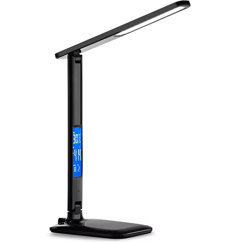 Lampka na biurko LED z regulacją światła, wyświetlaczem i ładowarką USB oraz bezprzewodową Qi Czarna