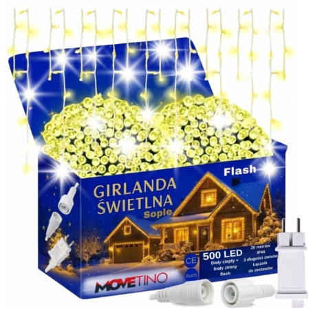 Sople lampki świąteczne zewnętrzne IP44 20m 500LED Biały Ciepły + FLASH Zimny