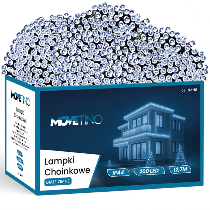 Lampki choinkowe świąteczne 200LED 12m IP44 Biały Zimny