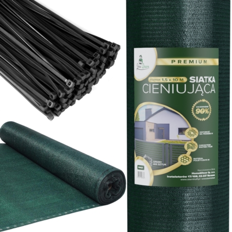 Siatka cieniująca na ogrodzenie masująca 90% 1,5x10m Ciemny Zielony + Opaski