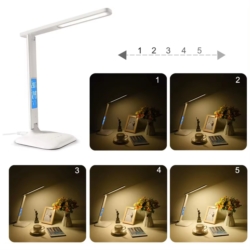 Lampka na biurko LED z regulacją światła, wyświetlaczem i ładowarką USB oraz bezprzewodową Qi Biała