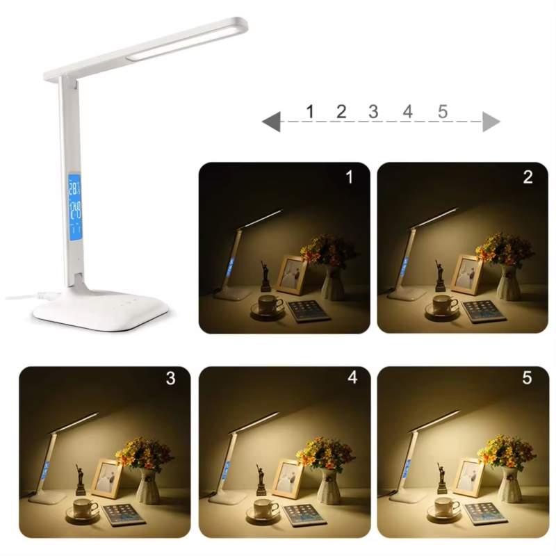 Lampka na biurko LED z regulacją światła, wyświetlaczem i ładowarką USB oraz bezprzewodową Qi Biała