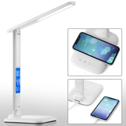 Lampka na biurko LED z regulacją światła, wyświetlaczem i ładowarką USB oraz bezprzewodową Qi Biała