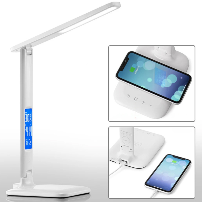Lampka na biurko LED z regulacją światła, wyświetlaczem i ładowarką USB oraz bezprzewodową Qi Biała
