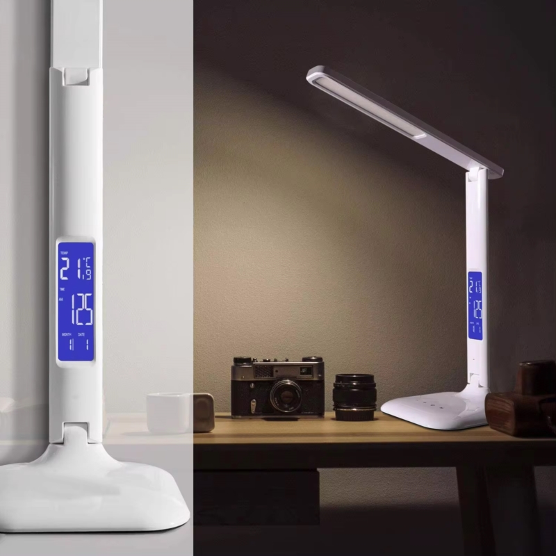 Lampka na biurko LED z regulacją światła, wyświetlaczem i ładowarką USB oraz bezprzewodową Qi Biała