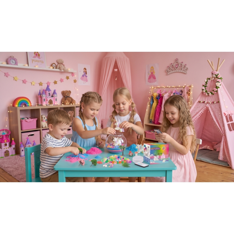 Lampka nocna z piaskiem kinetycznym do modelowania oraz figurkami
